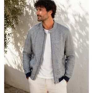 Zara Man Linen Bomber Jacket XL Light Blue Full Zip Minimalist Quiet Luxury